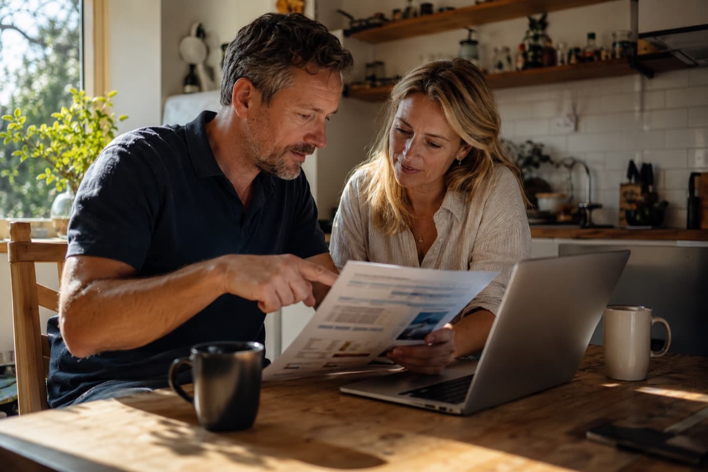 Homeowners reviewing a solar proposal together at a kitchen table